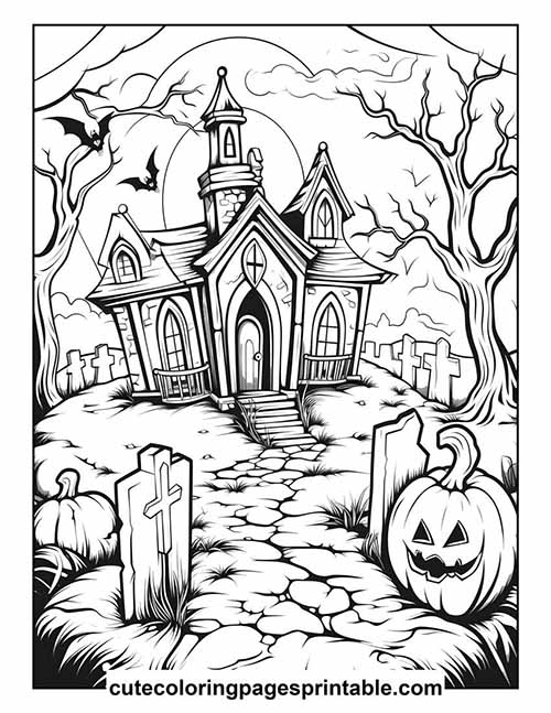 Halloween Pumpkin Grinning Near A Church Coloring Page