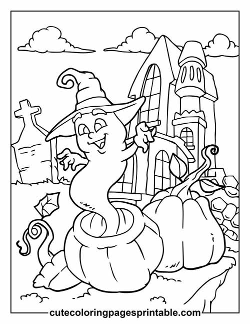 Coloring Page Of Halloween Ghost Smiling With Pumpkin