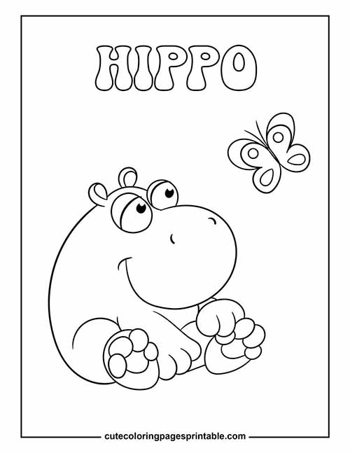 Coloring Page Of Hippo Sitting With Butterfly Flying