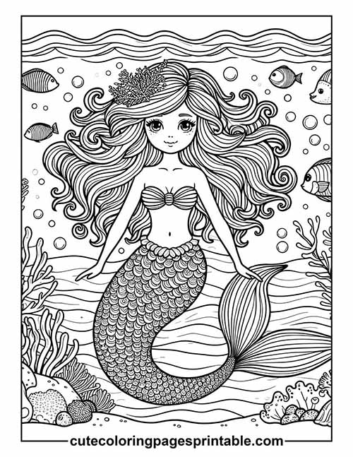 Mermaid Sitting With Fish Coloring Page