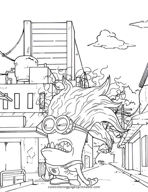 Despicable Me Coloring Page Of Purple Minion Running With Buildings Featuring King Bob