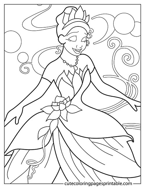Disney Princess Coloring Page Of Tiana With A Beautiful Dress