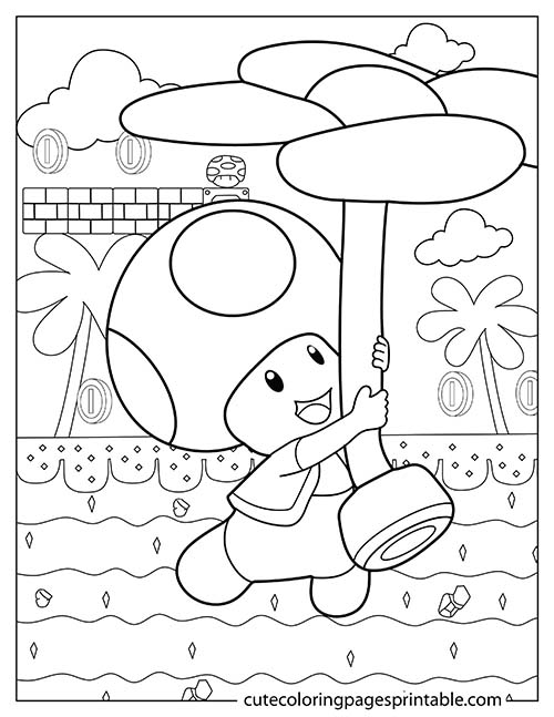 Super Mario Bros Coloring Page Of Toad Swinging With Trees