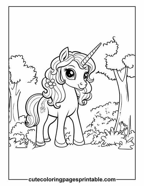 Unicorn Standing With Trees Coloring Page