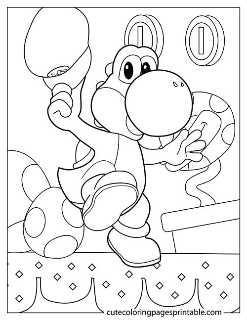 Yoshi Balancing With Mushroom Super Mario Bros Coloring Page
