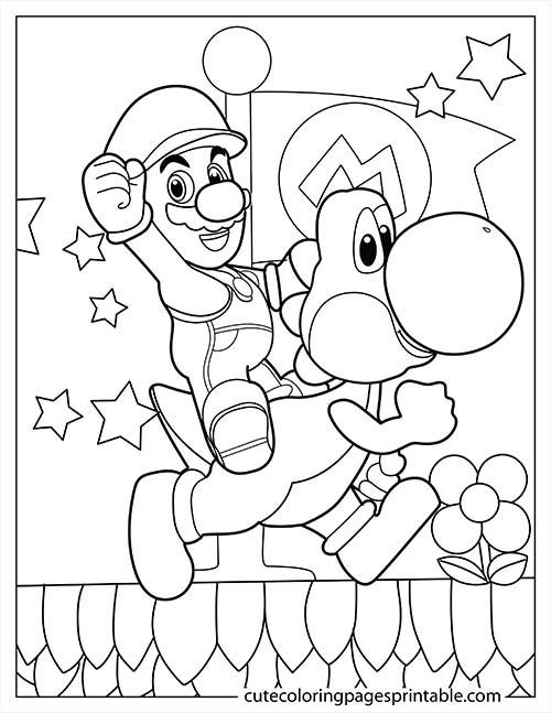 Super Mario Bros Coloring Page Of Yoshi Waving With Stars