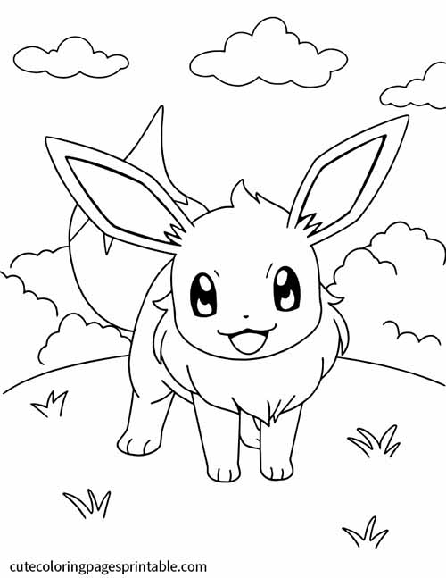 Pokemon Coloring Page Of Eevee Stands On A Hill Under A Cloudy Sky