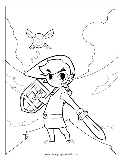 Zelda Coloring Page Of Link Holding Sword With Shield