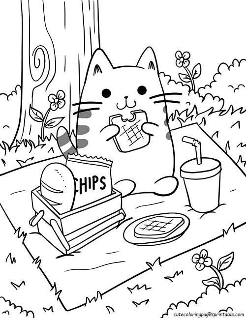 Coloring Page Of Pusheen Character Eating With Chips