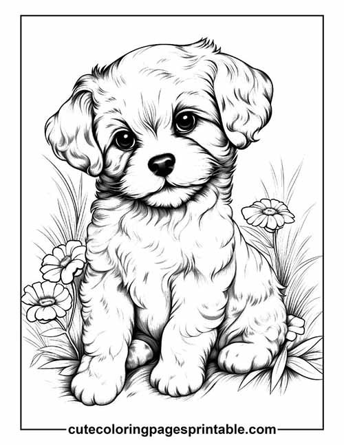 Coloring Page Of Dog Sitting Looking With Flowers