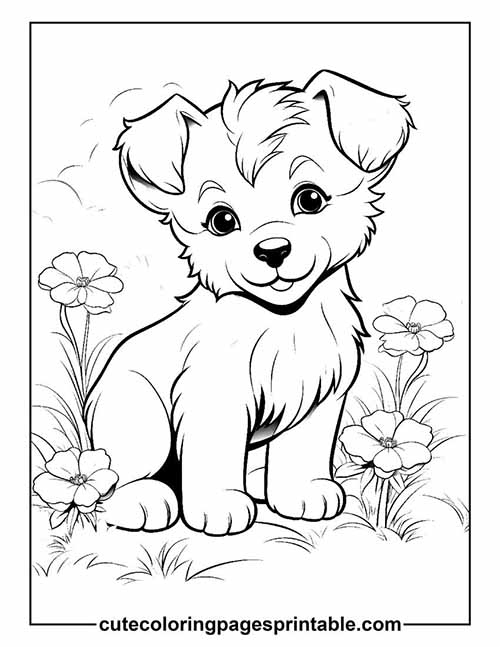 Dog Sitting With Flowers Coloring Page