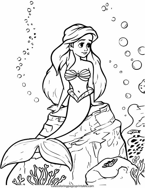 Little Mermaid Coloring Page Of Ariel Sitting On Coral
