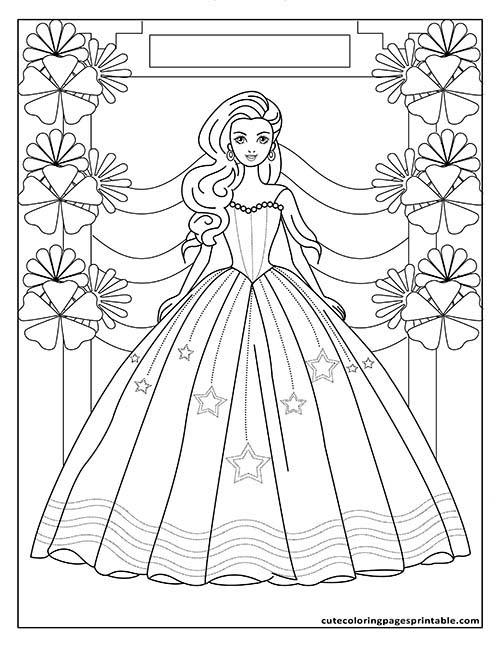 Barbie Coloring Page Of Ball Gown Star-Decorated Dress