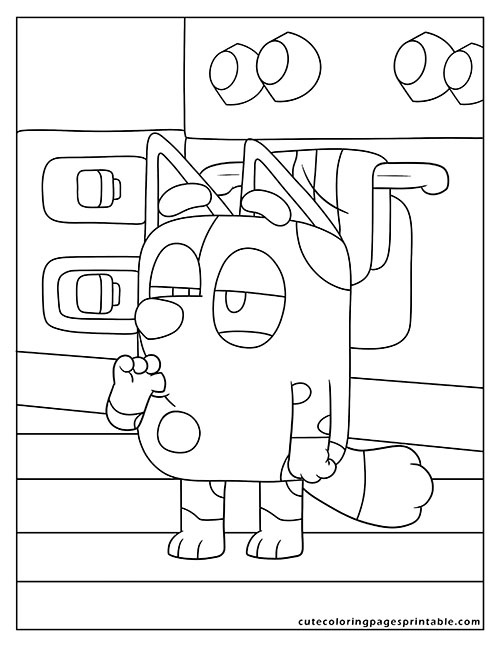 Bluey Coloring Page Of Bluey Muffin With Crayons Sitting With Books