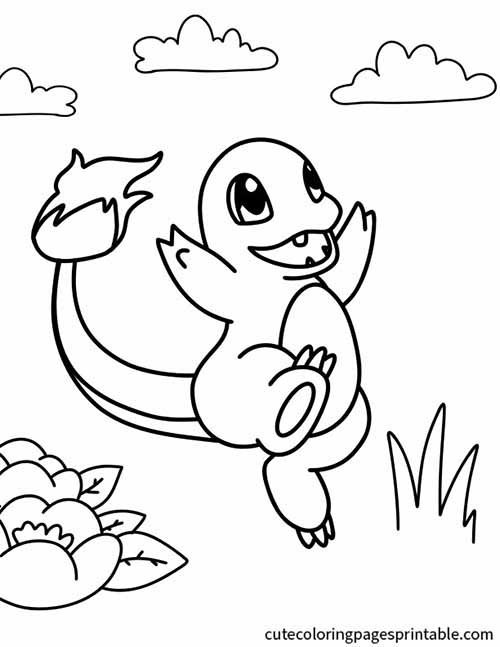 Pokemon Coloring Page Of Charmander Leaping With Clouds And Flowers