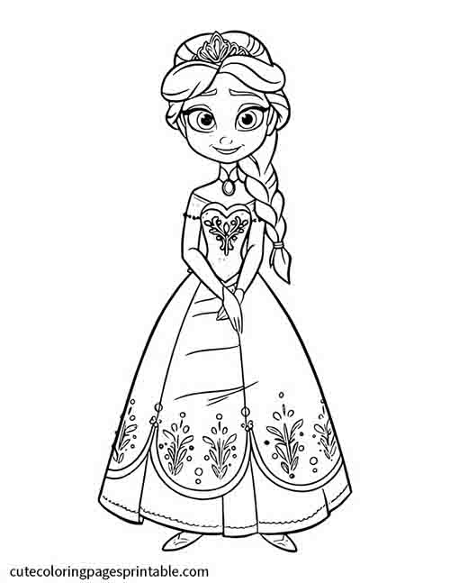 Coloring Page Of Frozen Character Standing Wearing A Gown With Flowers