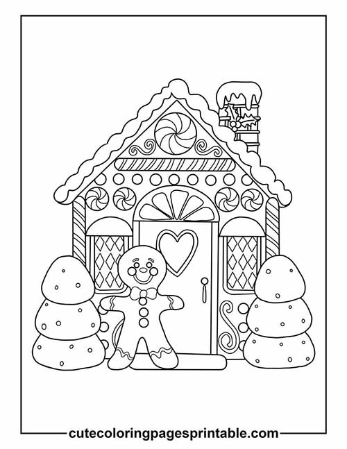 Coloring Page Of Gingerbread House With Snow Covered Trees