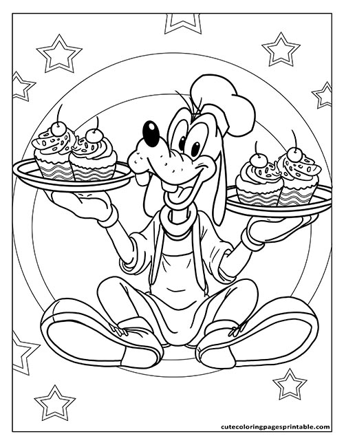 Disney Coloring Page Of Goofy Smiling With Cupcakes