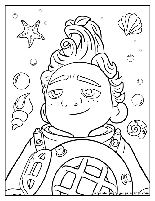 Coloring Page Of Luca With Seashells And Starfish