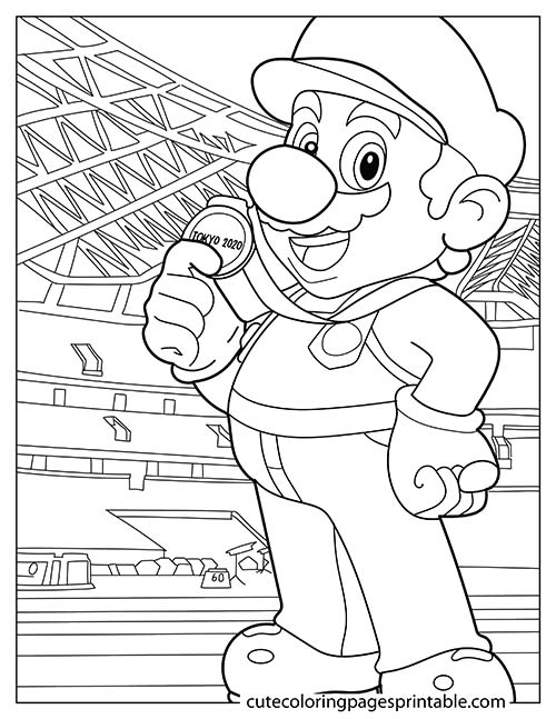 Super Mario Bros Coloring Page Of Mario Holding Medal