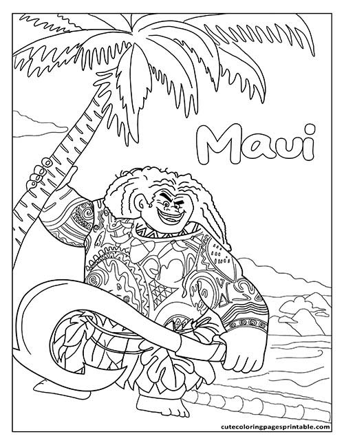 Moana Coloring Page Of Maui Sitting With Ocean Waves