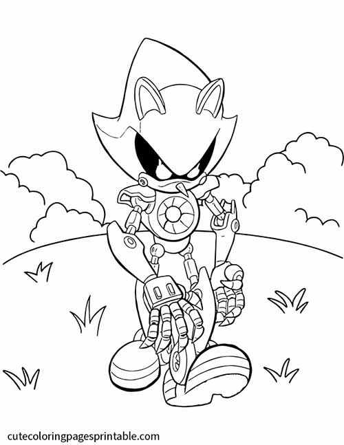 Sonic The Hedgehog Coloring Page Of Metal Sonic With Grass And Clouds