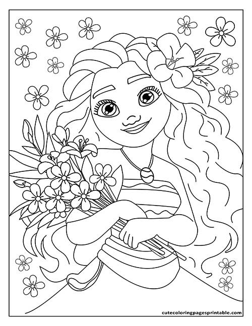Coloring Page Of Moana Smiling Holding Flowers