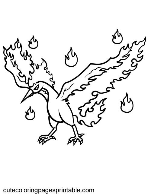 Legendary Pokemon Coloring Page Of Moltres Rising With Flames Burning