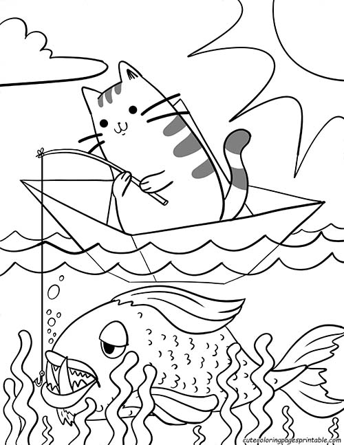 Coloring Page Of Pusheen Swimming With A Fish