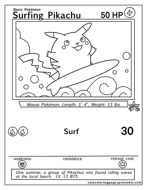 Pokemon Card Pikachu Surfing With Bubbles Pokemon Coloring Page