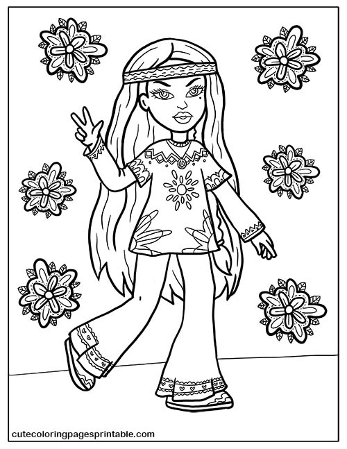 Bratz Coloring Page Of Yasmin Walking With Flowers