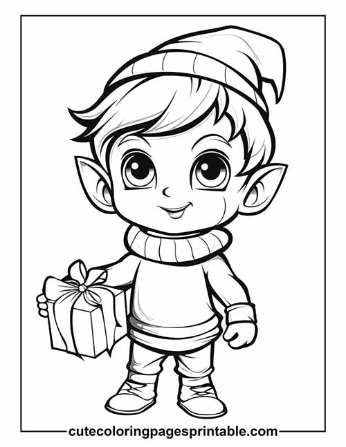 Elf Smiling Holding Gift Coloring Page