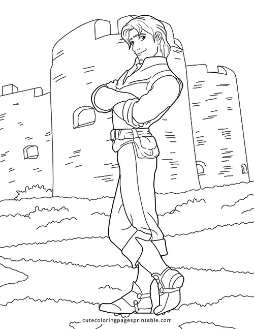 Flynn Rider With Arms Crossing In Front Of Castles Tangled Coloring Page