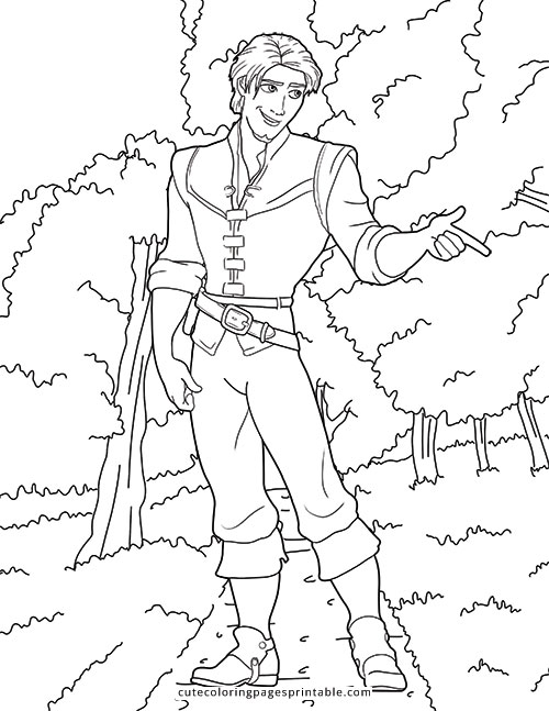 Tangled Coloring Page Of Flynn Rider With Trees Smiling