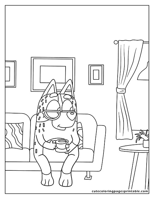 Bluey Coloring Page Of Grandma Sitting On Sofa Sipping Coffee