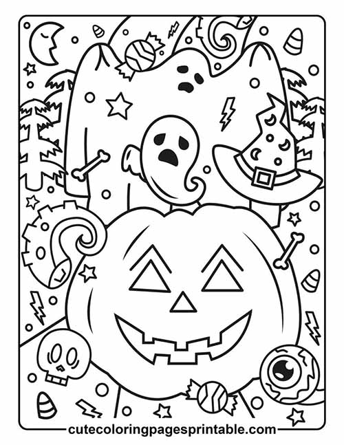 Halloween Pumpkin Floating With Ghost Coloring Page