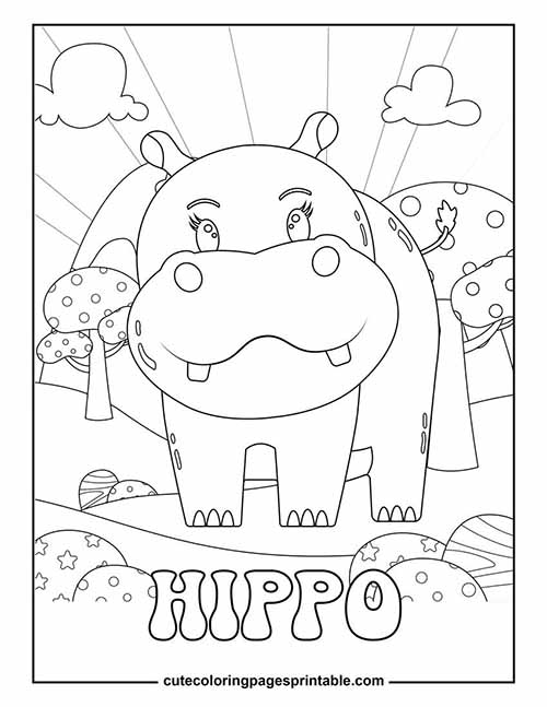 Hippo Standing With Sun Coloring Page