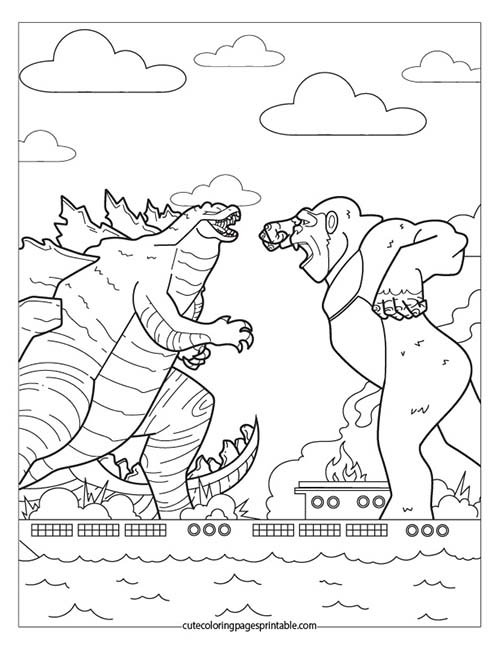 Godzilla Coloring Page Of King Kong With Buildings Burning