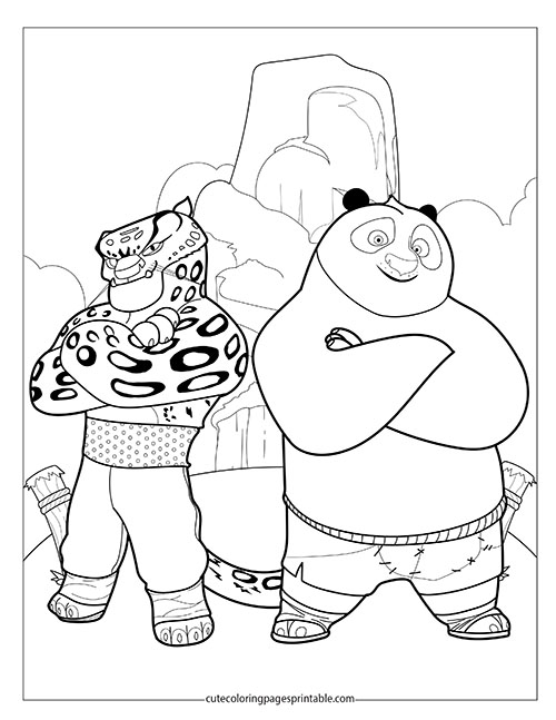 Coloring Page Of Kung Fu Panda Character Smiling With Mountains