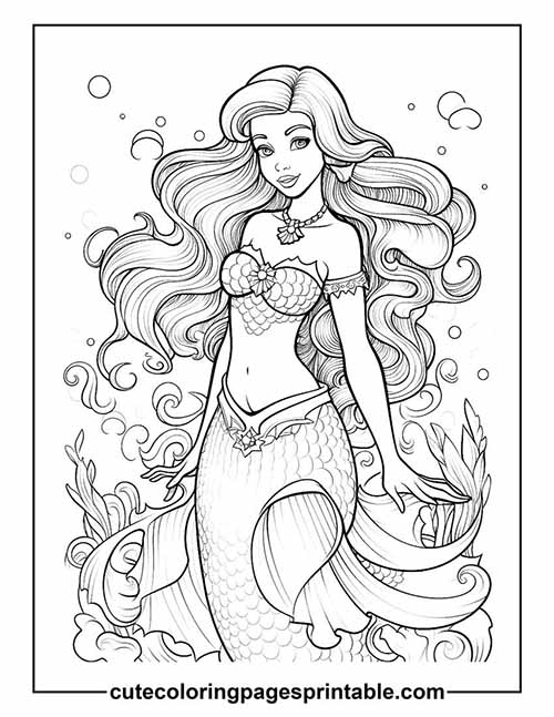 Coloring Page Of Mermaid Posing With Hair Flowing