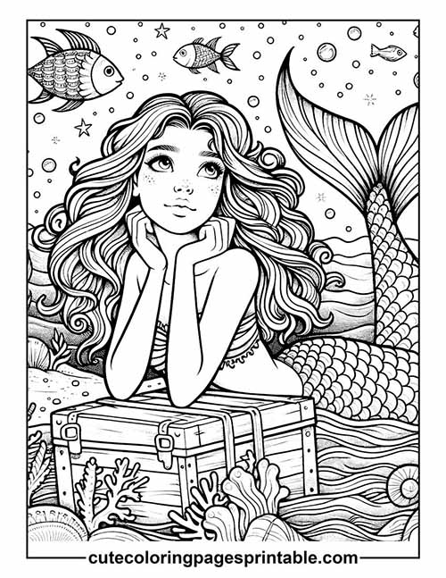Mermaid With Fish Swimming Coloring Page
