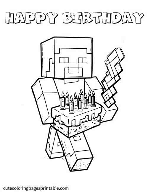 Coloring Page Of Minecraft Character Holding Cake With Candles Burning
