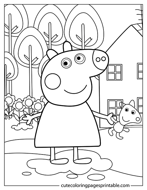 Coloring Page Of Peppa Pig Character Standing With A Dinosaur