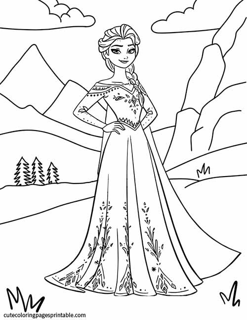Elsa Standing In A Mountainous Landscape Frozen Coloring Page