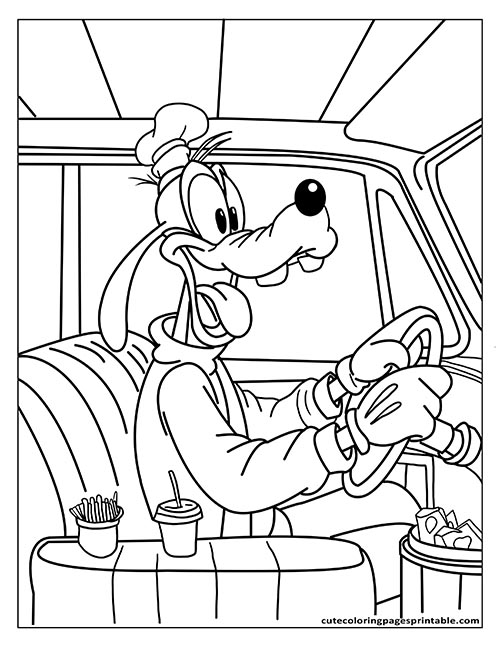 Goofy Driving With Fries And A Drink Disney Coloring Page
