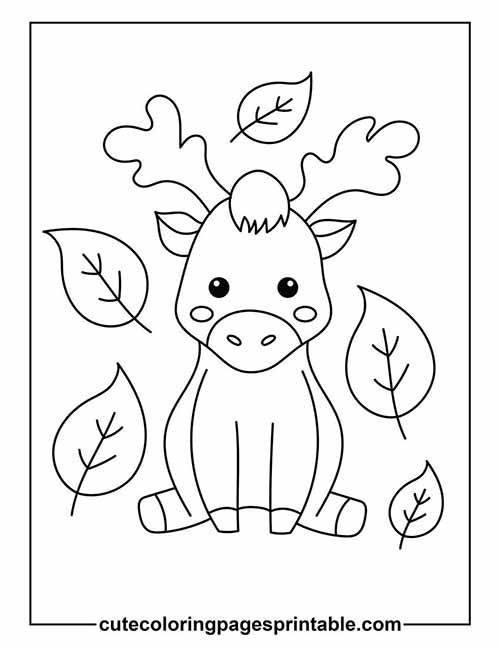 Reindeer Sitting With Falling Leaves Coloring Page