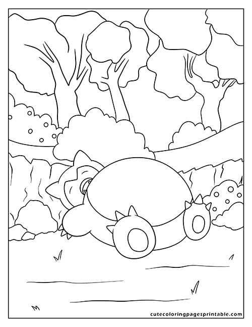 Snorlax Resting Under Trees With Bushes Lining. Pokemon Card Coloring Page