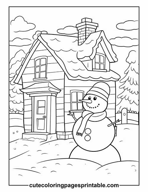 Snowman Standing With Trees Coloring Page