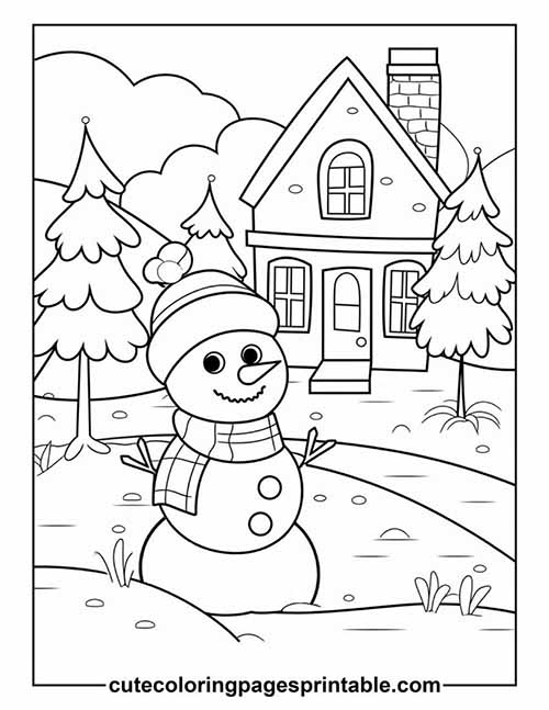 Coloring Page Of Snowman Character Wearing Scarf