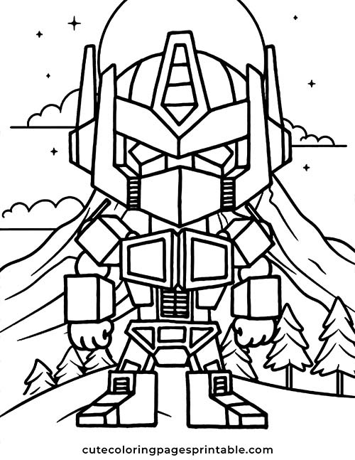 Coloring Page Of Transformers Standing With Mountains